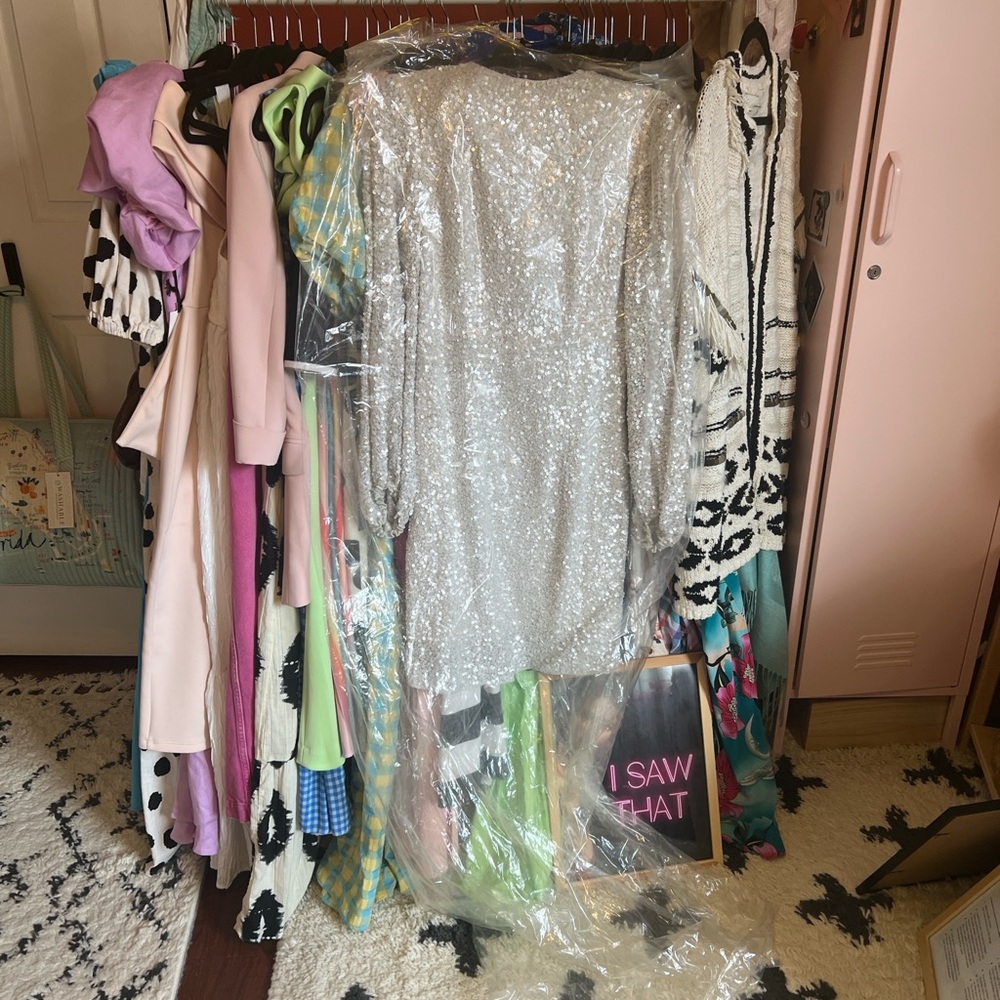 BHLDN Anthropologie Goldie White Sequin Mini Dress Long Sleeves - Picture 14 of 14